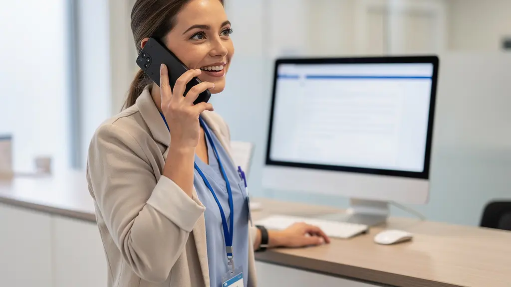 Secrétaire médicale accueillant un appel dans un cabinet de chirurgie esthétique à Paris