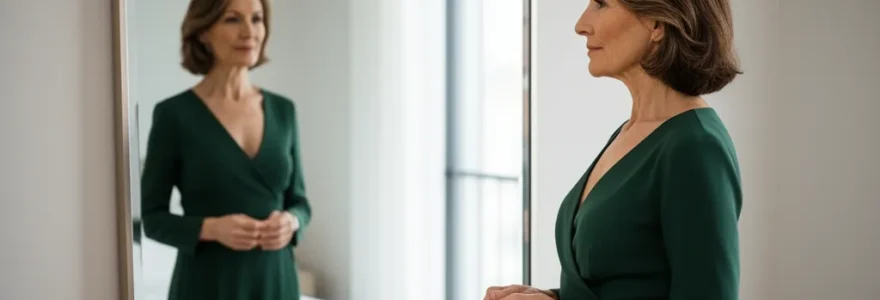 Silhouette de femme confiante devant miroir après cure de ptose