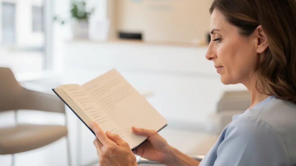 Patiente consultant ses notes avant une consultation de chirurgie esthétique